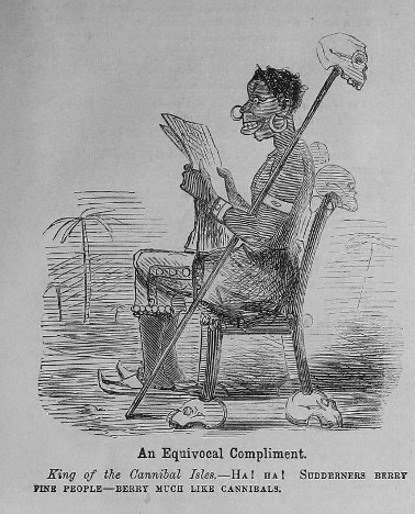 Caricature of a Black person sitting on a chair with skulls while he reads a paper. Caption: "King of the Cannibal Isles - Ha! Ha! Sudderners berry fine people - berry much like cannibals."