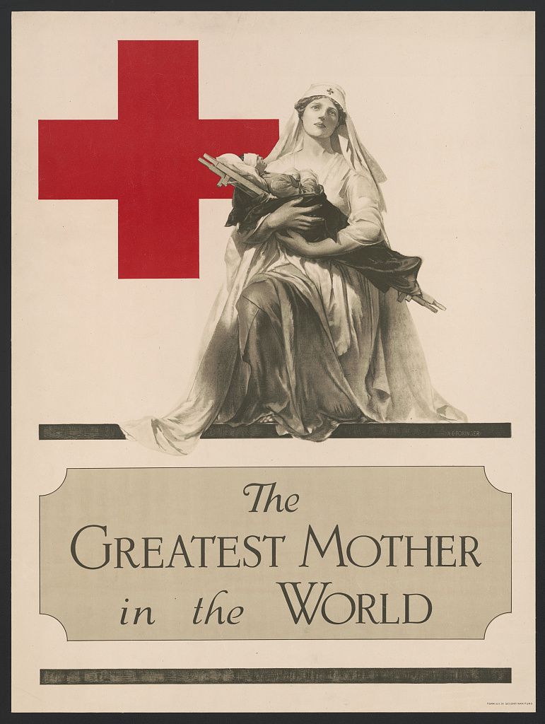 Nurse cradles soldier. Caption: "The Greatest Mother in the World"