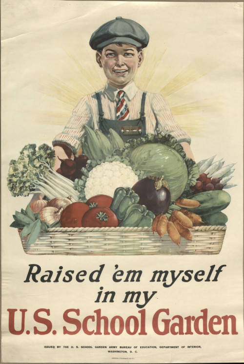 Smiling boy holding a basket full of vegetables. Caption: "Raised 'em myself in my U.S. School Garden"