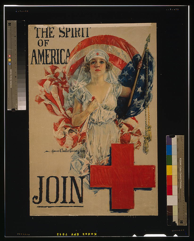 Woman with a flowing white dress and nurse hat looking up, carrying a large American flag. Caption: "The Spirit of America. Join the Red Cross"