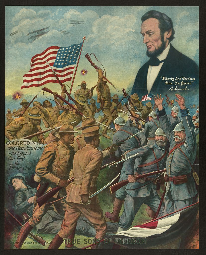 Black soldiers win against German soldiers. An American flag is lifted and President Lincoln looks at the Black soldiers with pride.